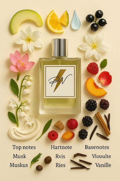 Parfumnistisch Cool Water (PN-W044) flacon omringd door geurnoten: meloen, lotus, citroen, ananas, kweepeer, calone, lelie, zwarte bes, waterlelie, jasmijn, honing, vetiver, framboos, perzik, bramen, sandelhout en vanille