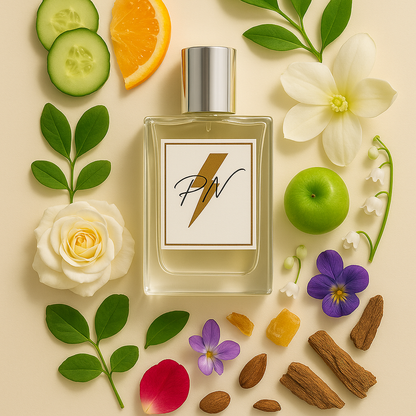 Parfumnistisch DKNY Be Delicious (PN-W063) flacon omringd door geurnoten: komkommer, grapefruit, magnolia, groene appel, lelietje-van-dalen, tuberoos, viooltje, roos, sandelhout en amber