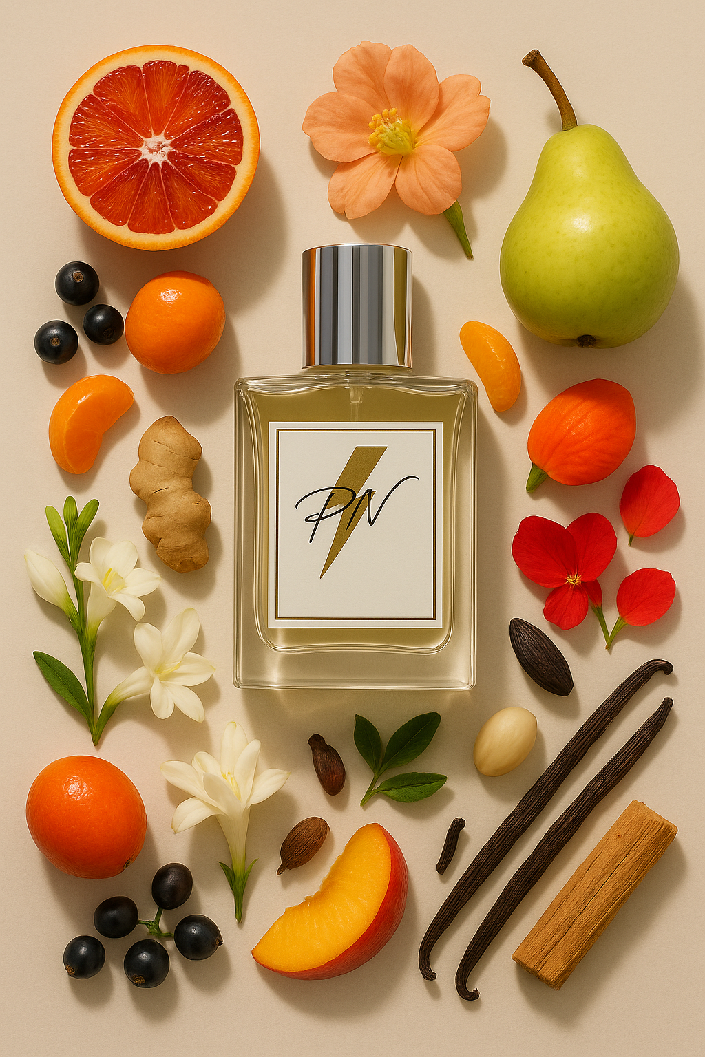 “Parfumnistisch Deep Red (PN-W103) flacon omringd door geurnoten: bloedsinaasappel, zwarte bes, mandarijn, peer, gember, tuberoos, fresia, hibiscuszaad, vanille, sandelhout, muskus en ceder”
