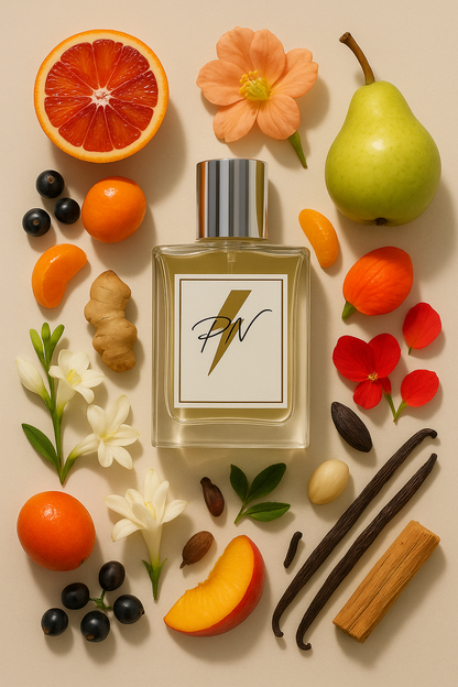 “Parfumnistisch Deep Red (PN-W103) flacon omringd door geurnoten: bloedsinaasappel, zwarte bes, mandarijn, peer, gember, tuberoos, fresia, hibiscuszaad, vanille, sandelhout, muskus en ceder”
