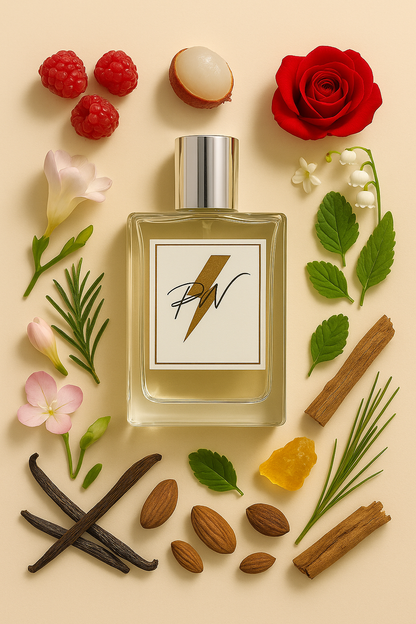 Parfumnistisch Diamonds (PN-W079) flacon omringd door geurnoten: lychees, framboos, roos, patchouli, fresia, ceder, lelietje-van-dalen, vanille, amber en vetiver