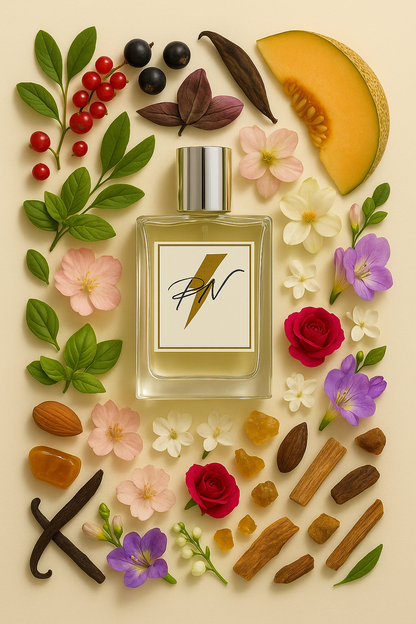 Parfumnistisch Escada Magnetism (PN-W070) flacon omringd door geurnoten: rode bessen, zwarte bes, kassieboom, lychees, ananas, meloen, amandelbloesem, heliotroop, magnolia, karamel, vanille, patchouli, benzoine, muskus, sandelhout, amber en vetiver