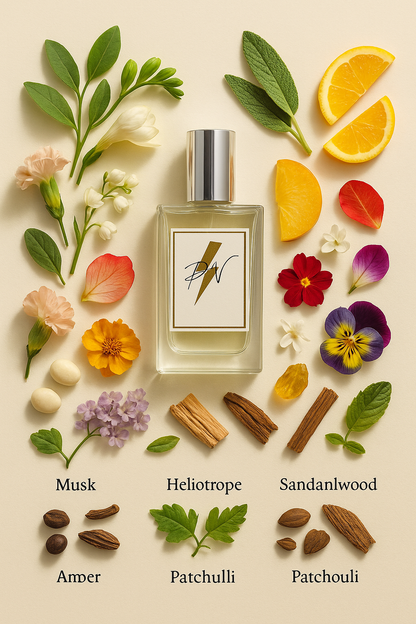 Parfumnistisch Eternity (PN-W022) flacon omringd door geurnoten: groene noten, fresia, salie, citrusvruchten, mandarijn, anjer, lelie, jasmijn, muskus, patchouli en amber