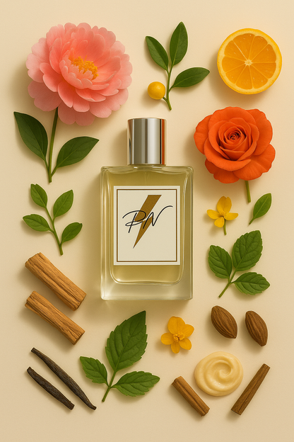 Parfumnistisch Flora by Gucci (PN-W088) flacon omringd door geurnoten: pioenroos, citrusvruchten, mandarijn, osmanthus en roos, met sandelhout en patchouli