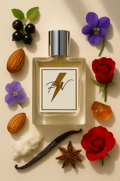 “Parfumnistisch Flower by Kenzo Le Parfum (PN-W110) flacon omringd door geurnoten: zwarte bes, amandel, viooltje, roos, vanille, witte musk en amber”

