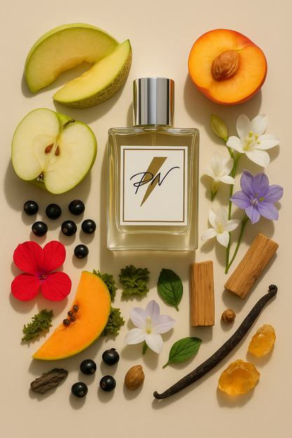 “Parfumnistisch Hugo Woman (PN-W104) flacon omringd door geurnoten: Granny Smith-appel, meloen, perzik, cyclamen, cassis, eikenmos, papaja, waterhyacint, jasmijn, ceder, sandelhout, orchidee, vanille, hars en amber”

