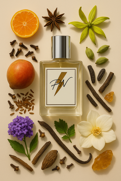 “Parfumnistisch Jungle L’Elephant (PN-W114) flacon omringd door geurnoten: kruidnagelen, komijn, mandarijn, kardemom, karwijzaad, zoethout, mango, ylang-ylang, heliotroop, gardenia, vanille, amber en patchouli”

