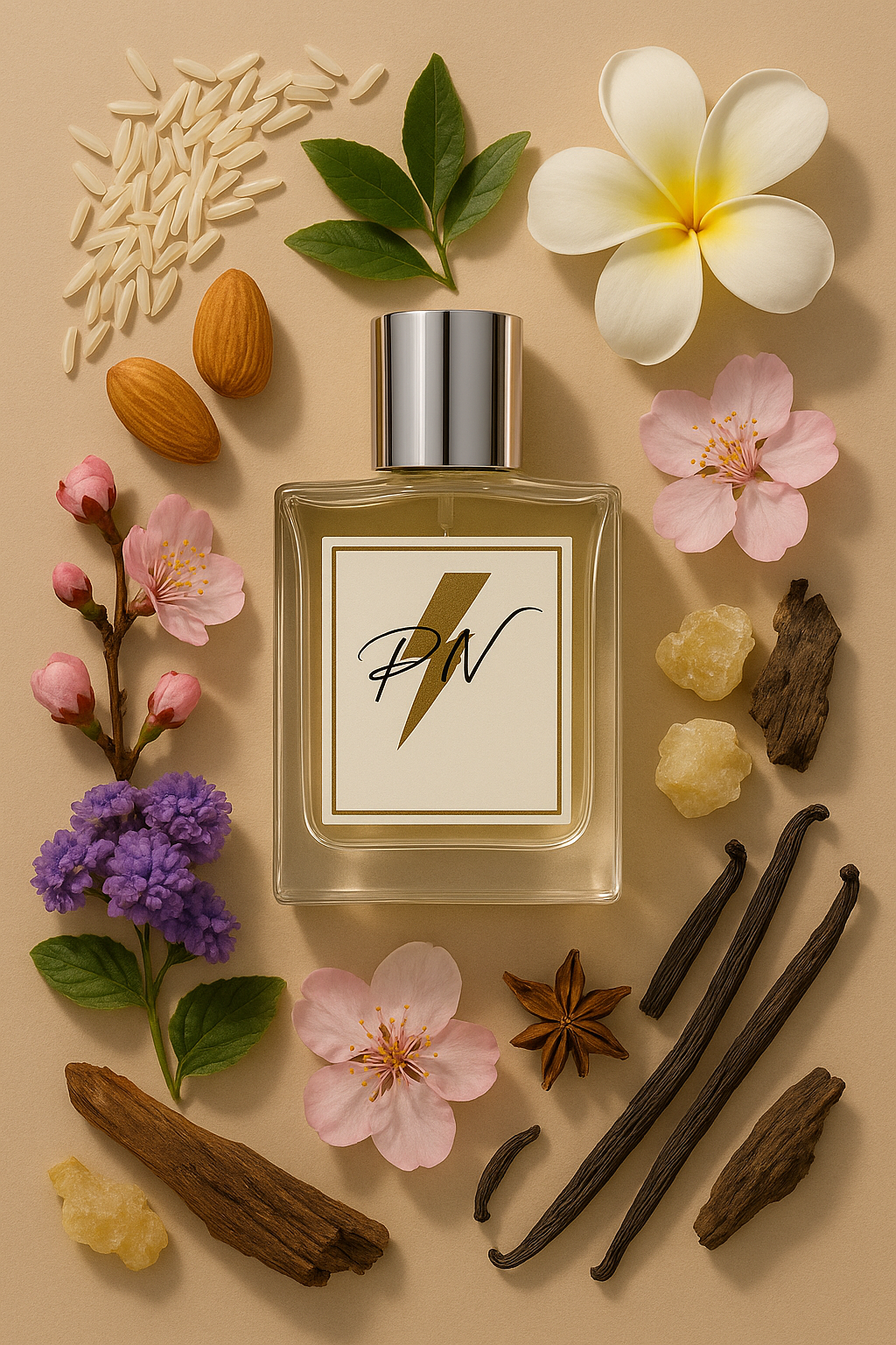 “Parfumnistisch Kenzo Amour (PN-W112) flacon omringd door geurnoten: rijst, witte thee, plumeria, kersenbloesem, heliotroop, vanille, muskus, wierook en thanaka-hout”

