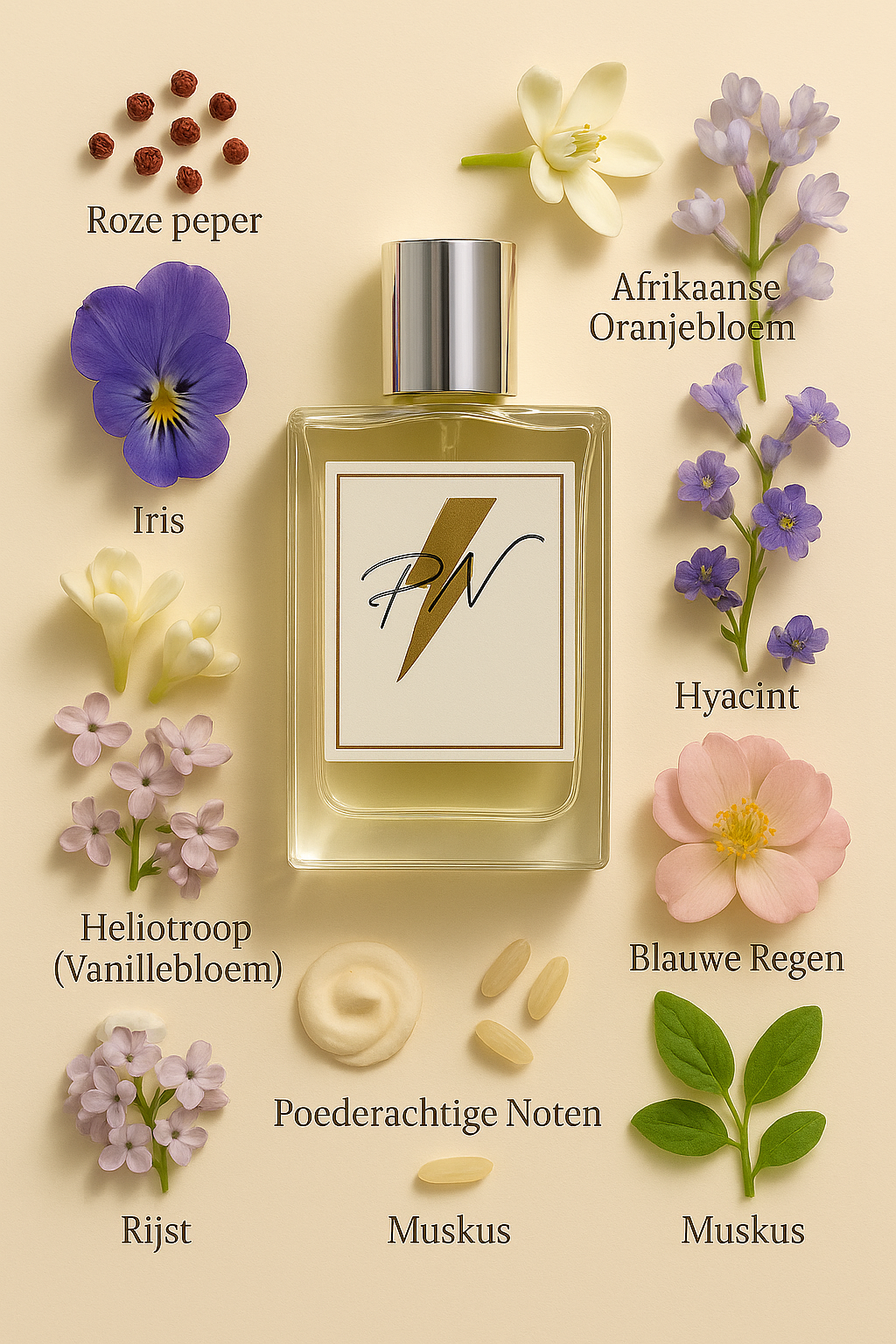 Parfumnistisch Love (PN-W040) flacon omringd door geurnoten: roze peper, Afrikaanse oranjebloem, iris, sering, hyacint, heliotroop, blauwe regen, poederachtige noten, rijst en muskus