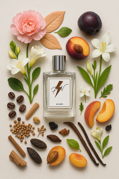 Parfumnistisch Noa (PN-W016) flacon omringd door geurnoten: witte musk, pioenroos, fresia, groene noten, perzik, pruim, lelie, jasmijn, ylang-ylang, koffie, vanille, sandelhout, koriander, wierook, tonkaboon en ceder
