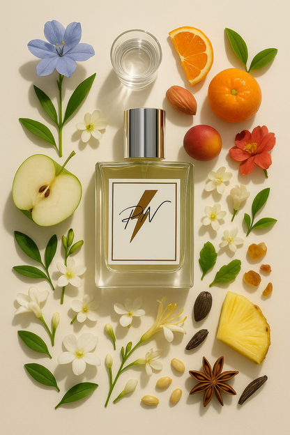 “Parfumnistisch O Oui! (PN-W123) flacon omringd door geurnoten: waterhyacint, wodka, bergamot, mandarijn, nectarine, witte bloemen, groene appel, fresia, kamperfoelie, ananas, waterlelie, muskus, ceder, houtnoten en amber”

