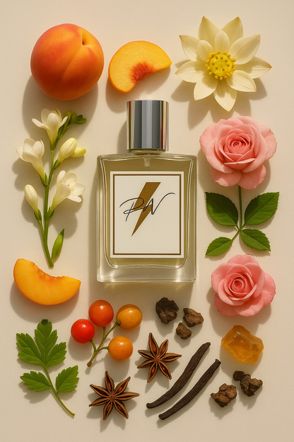 “Parfumnistisch Pour Femme (PN-W116) flacon omringd door geurnoten: fresia, perzik, bergamot, jasmijn, roos, lotus, patchouli, amber en muskus”

