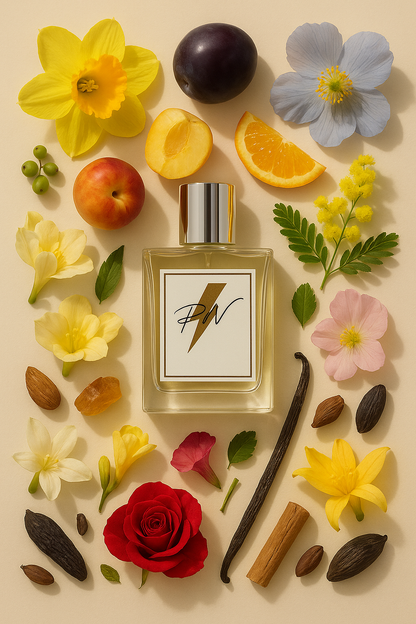 “Parfumnistisch Trésor (PN-W125) flacon omringd door geurnoten: perzik, roos, abrikoosbloesem, sering, ananas, lelietje-van-dalen, bergamot, iris, vanille, sandelhout, amber en muskus”

