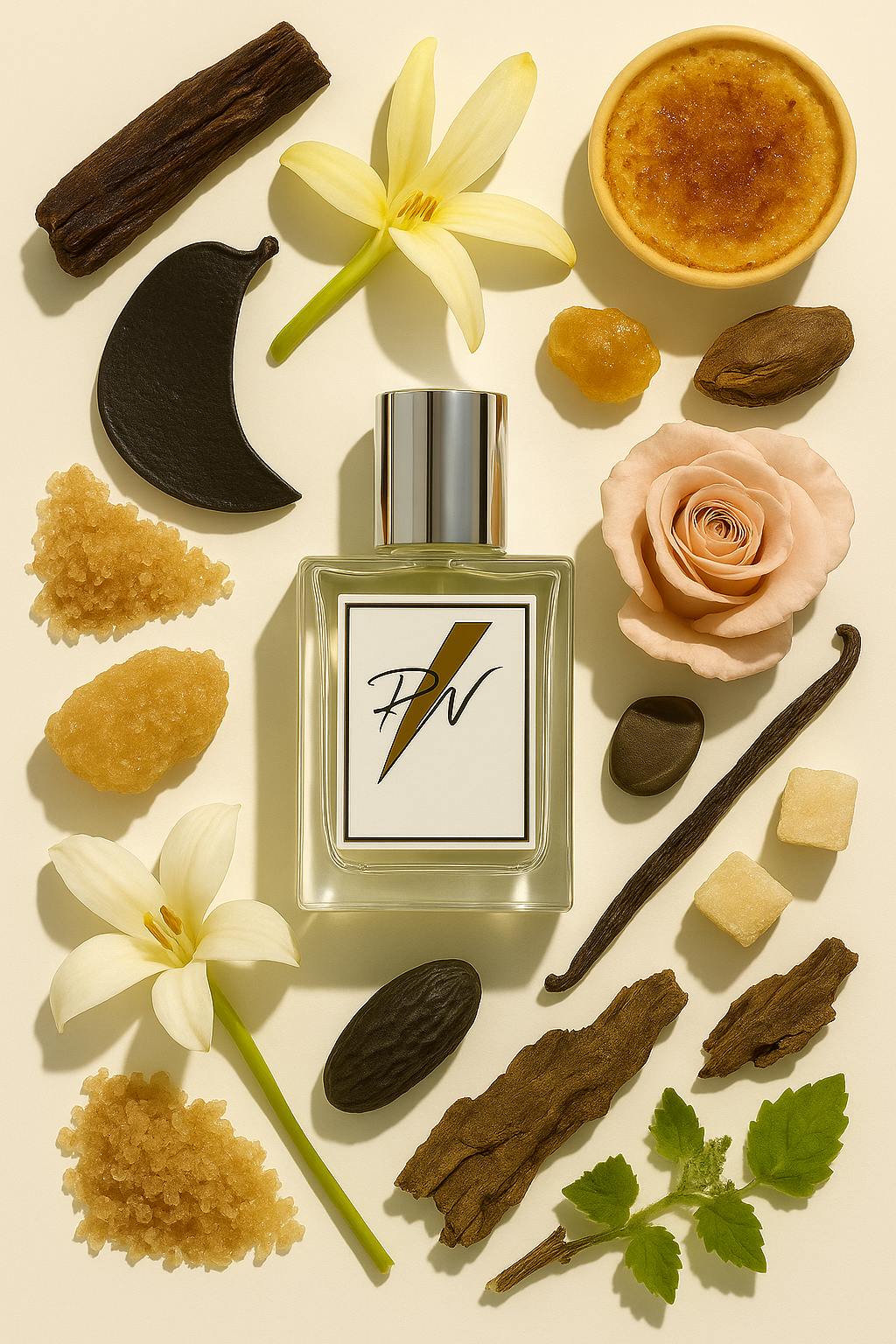 Parfumnistisch Vanilla Royale Sugared Patchouli (DL231) flacon omringd door geurnoten: rum, vanille orchidee, jasmijn, crème brûlée, tonkaboon, patchouli, bruine suiker, agarhout, amber en muskus